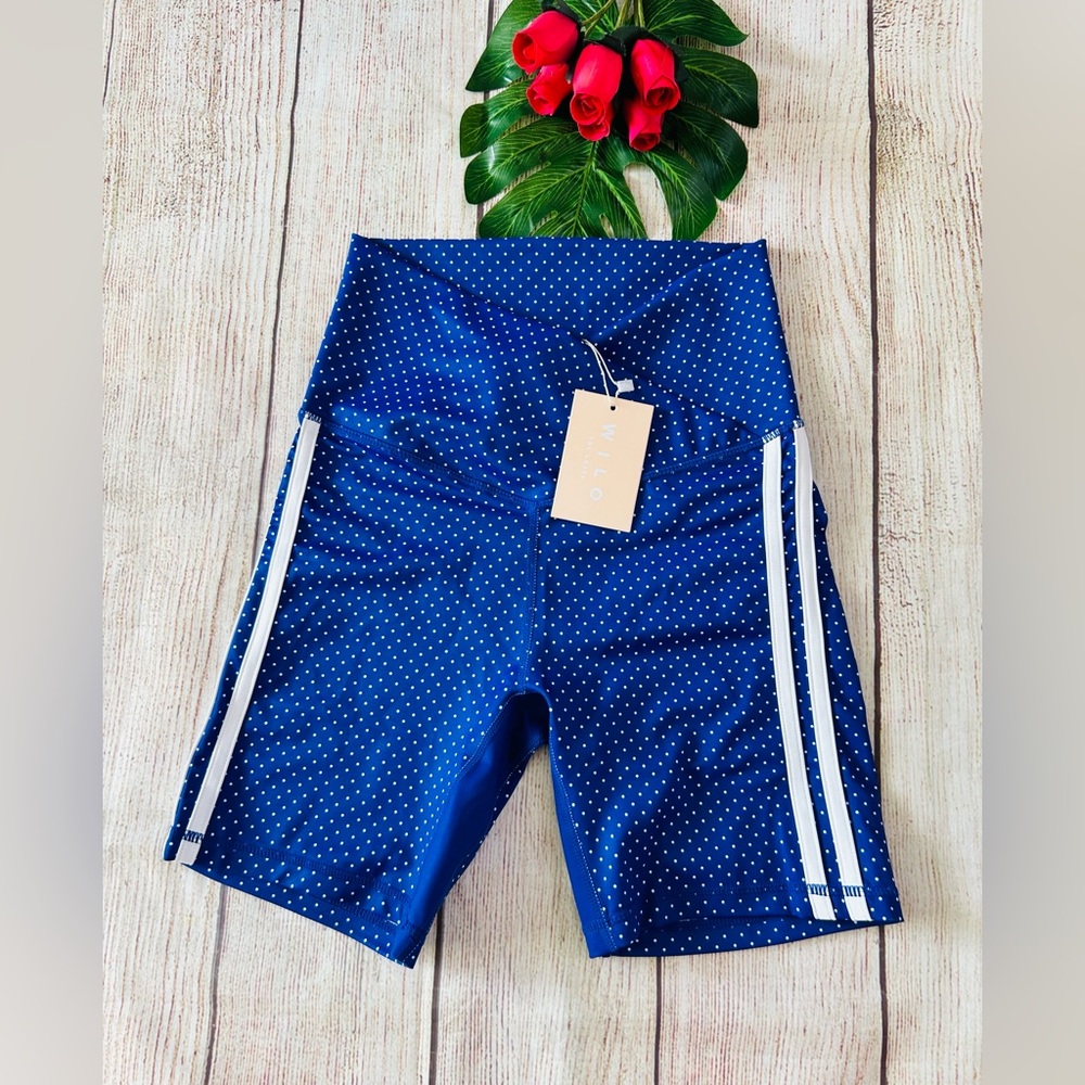 WILO Women’s Blue White Side Stripes Polka Dot V Waist Bike Shorts Size XS NWT